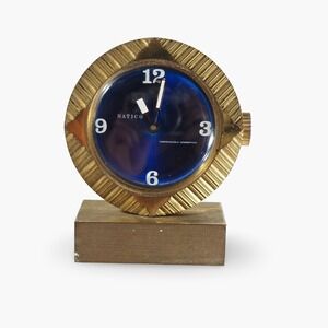 Natico Swiss Travel Clock Vintage Gold Tone Blue Dial Manual Wind Desk Clock